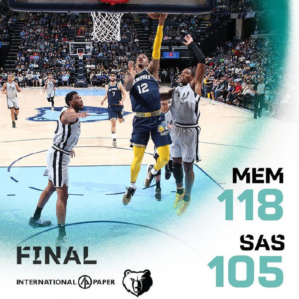 灰熊118-105击败马刺 莫兰特30+6+8 贝恩17分 怀特15+9