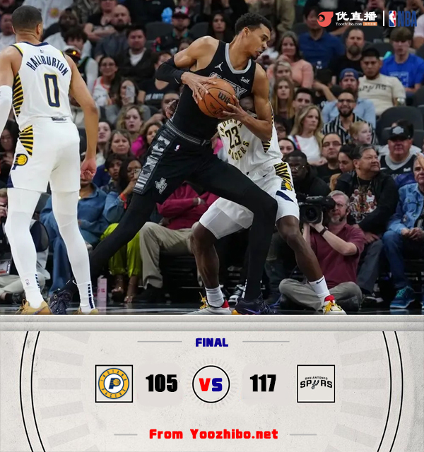 <a href=/lanqiugengduo/spurs/ target=_blank class=infotextkey>马刺</a>117-105击败<a href=/lanqiugengduo/pacers/ target=_blank class=infotextkey>步行者</a> 文班31+12+6+6 瓦塞尔17+9 麦康纳26分