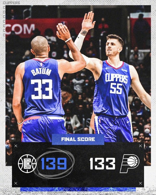快船139-133险胜步行者 巴图姆32分 雷吉26+5 勒韦尔26+9